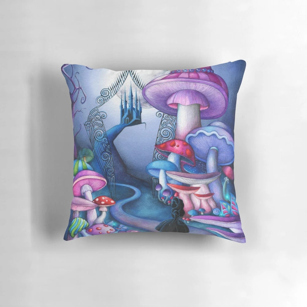 Watercolor painting of Alice in Wonderland silhouette with mushrooms and purple and blue tones