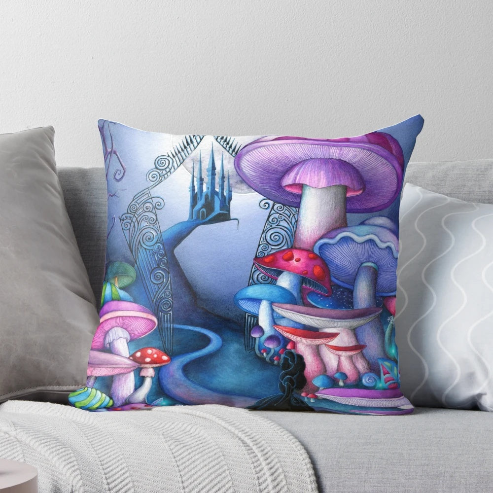 Watercolor painting of Alice in Wonderland silhouette with mushrooms and purple and blue tones
