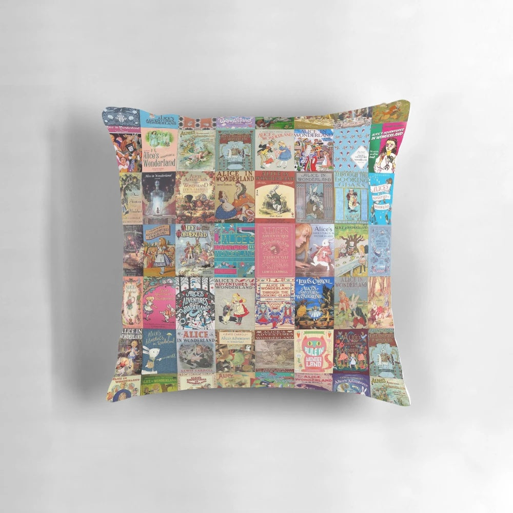 Alice in Wonderland themed throw pillow featuring the Cheshire Cat and Queen of Hearts