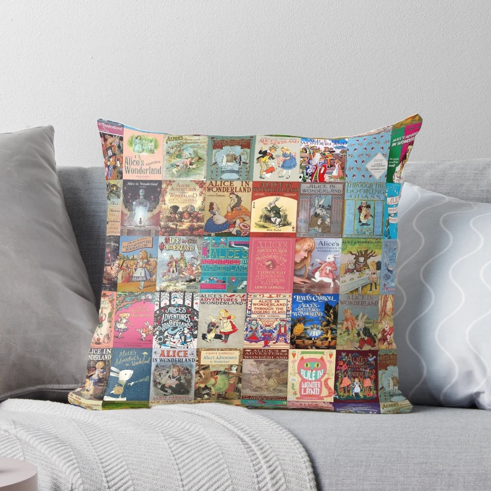 Alice in Wonderland themed throw pillow featuring the Cheshire Cat and Queen of Hearts
