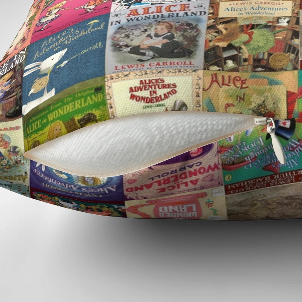 Alice in Wonderland themed throw pillow featuring the Cheshire Cat and Queen of Hearts