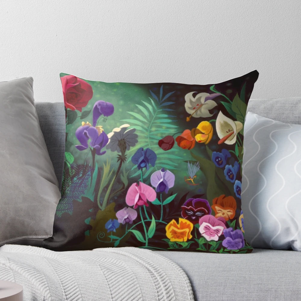 Whimsical Alice in Wonderland-themed decorative throw pillow with floral design