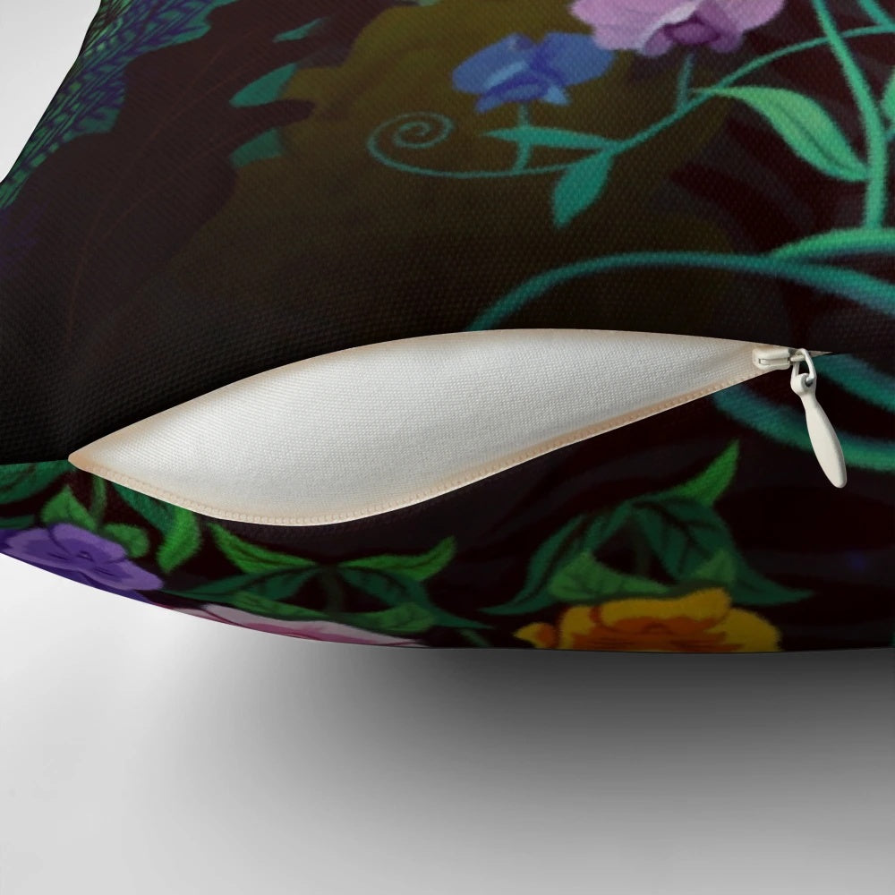 Whimsical Alice in Wonderland-themed decorative throw pillow with floral design