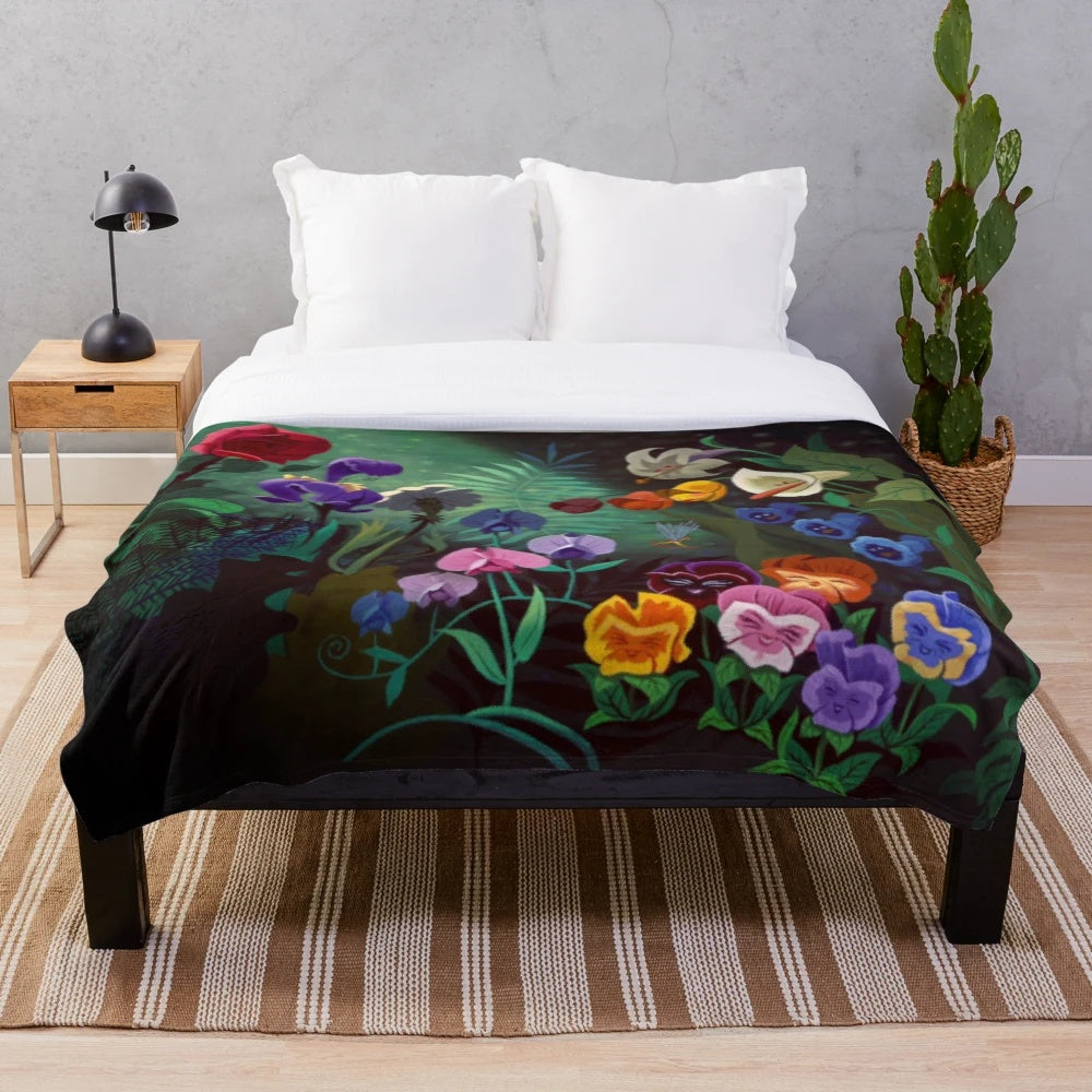 Soft and plush alice-themed blanket with floral design