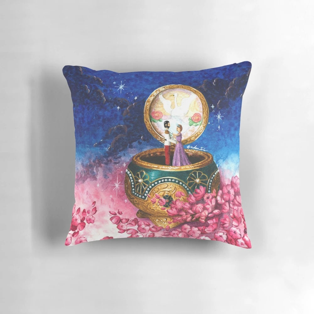 Soft, plush pillow featuring a watercolor design of the Anastasia music box from the beloved movie and musical