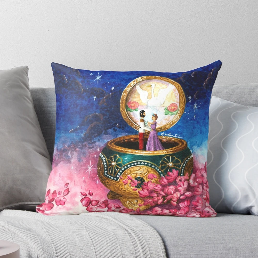 Soft, plush pillow featuring a watercolor design of the Anastasia music box from the beloved movie and musical