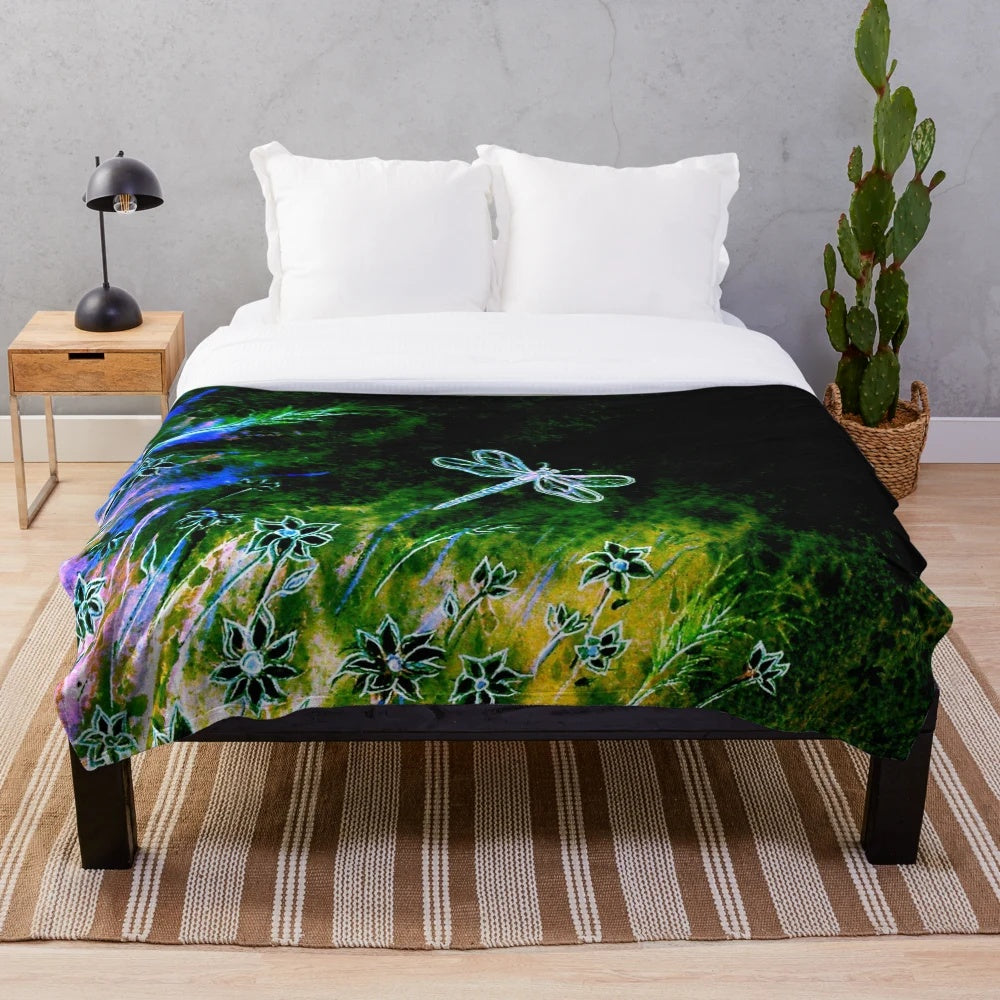 Angel Dragonfly Plush Blanket with Floral and Nature Motifs
