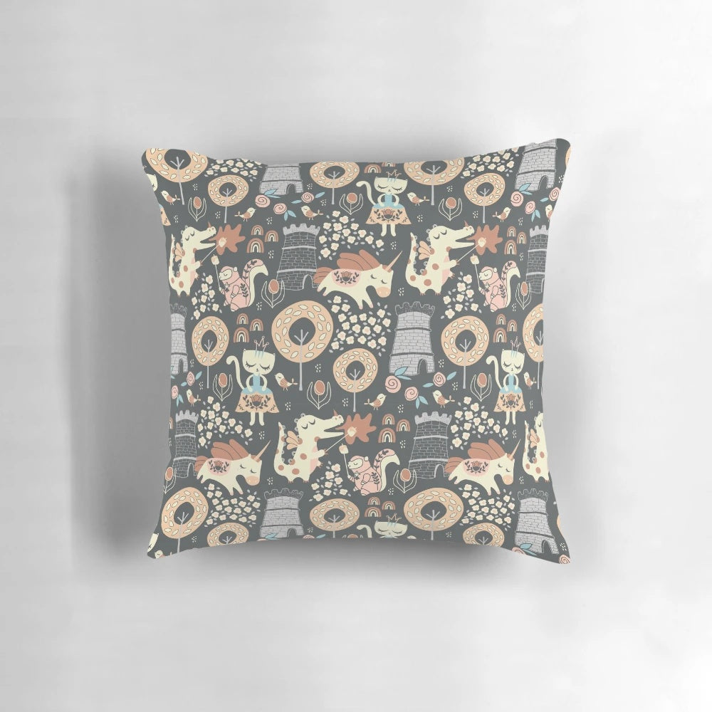 Plush animal kingdom-themed decorative throw pillow with fantasy characters