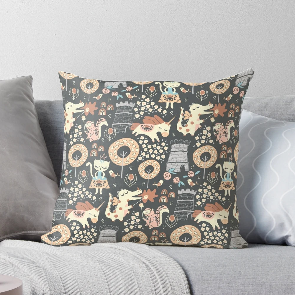 Plush animal kingdom-themed decorative throw pillow with fantasy characters