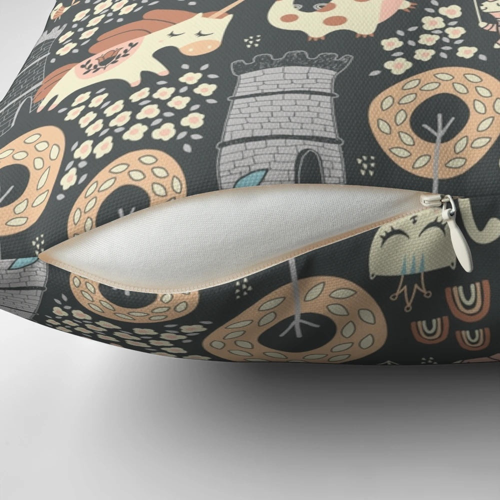 Plush animal kingdom-themed decorative throw pillow with fantasy characters