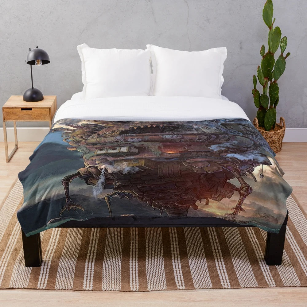 Anime-inspired plush blanket featuring the iconic castle from Howl's Moving Castle