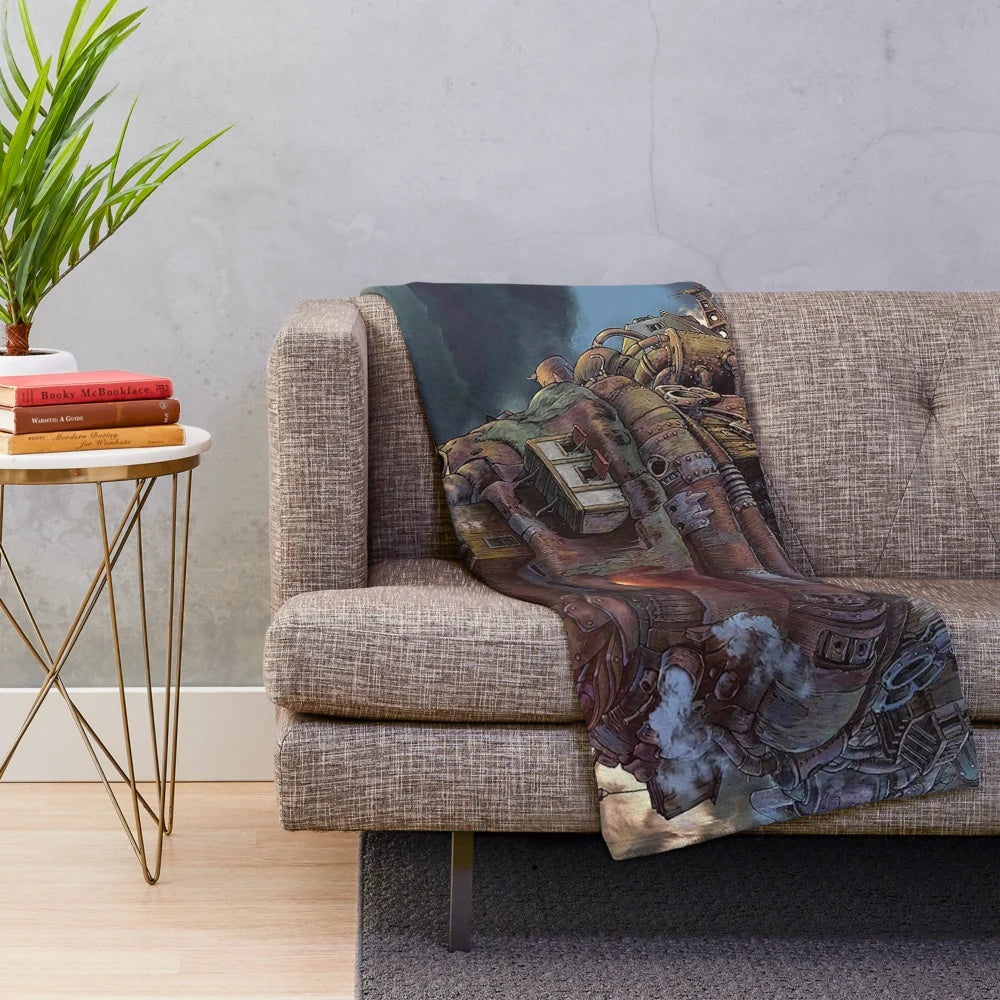 Anime-inspired plush blanket featuring the iconic castle from Howl's Moving Castle
