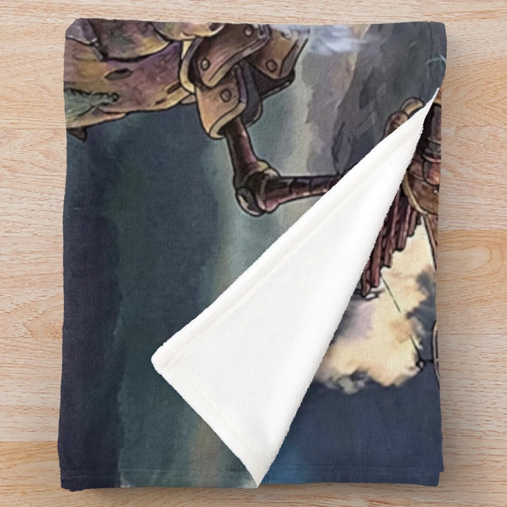 Anime-inspired plush blanket featuring the iconic castle from Howl's Moving Castle