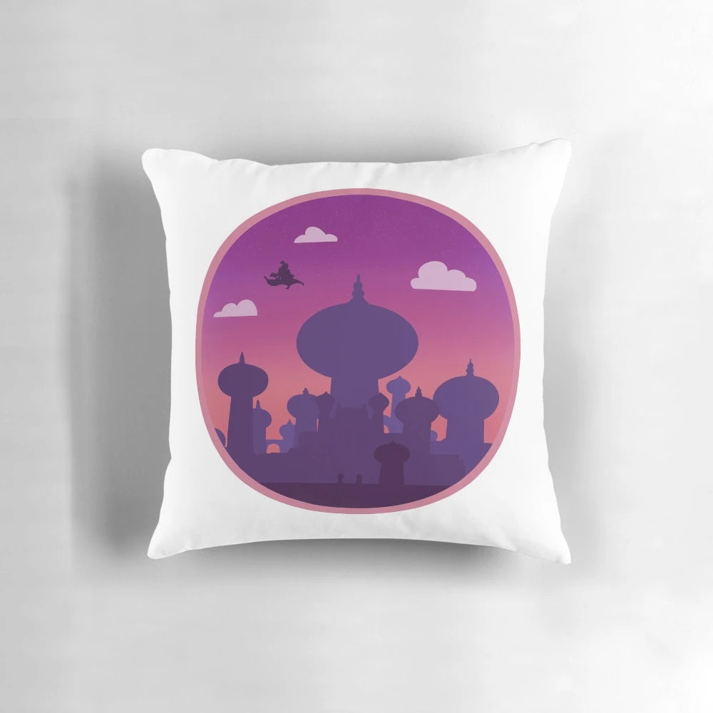 Decorative "Arabian Nights" themed pillow with illustrations of Agrabah, Aladdin, and Jasmine