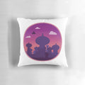Decorative "Arabian Nights" themed pillow with illustrations of Agrabah, Aladdin, and Jasmine