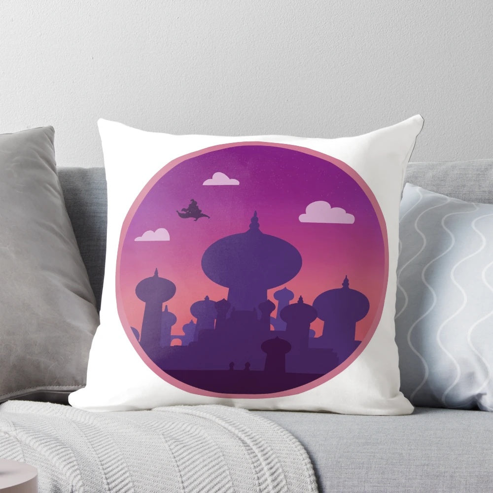 Decorative "Arabian Nights" themed pillow with illustrations of Agrabah, Aladdin, and Jasmine
