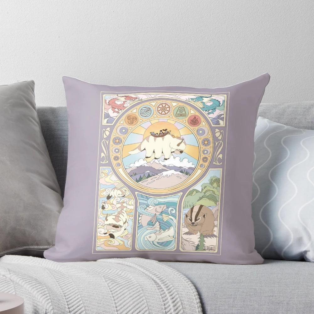 Beautifully designed art nouveau pillow showcasing the iconic characters and elements from Avatar: The Last Airbender