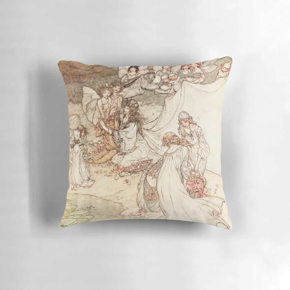 Decorative throw pillow featuring fairy tale illustration by Arthur Rackham