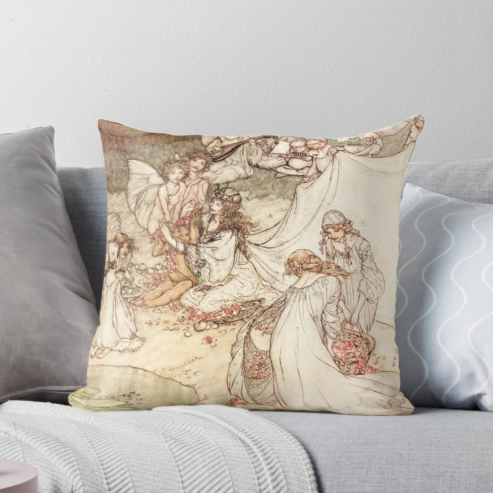 Decorative throw pillow featuring fairy tale illustration by Arthur Rackham