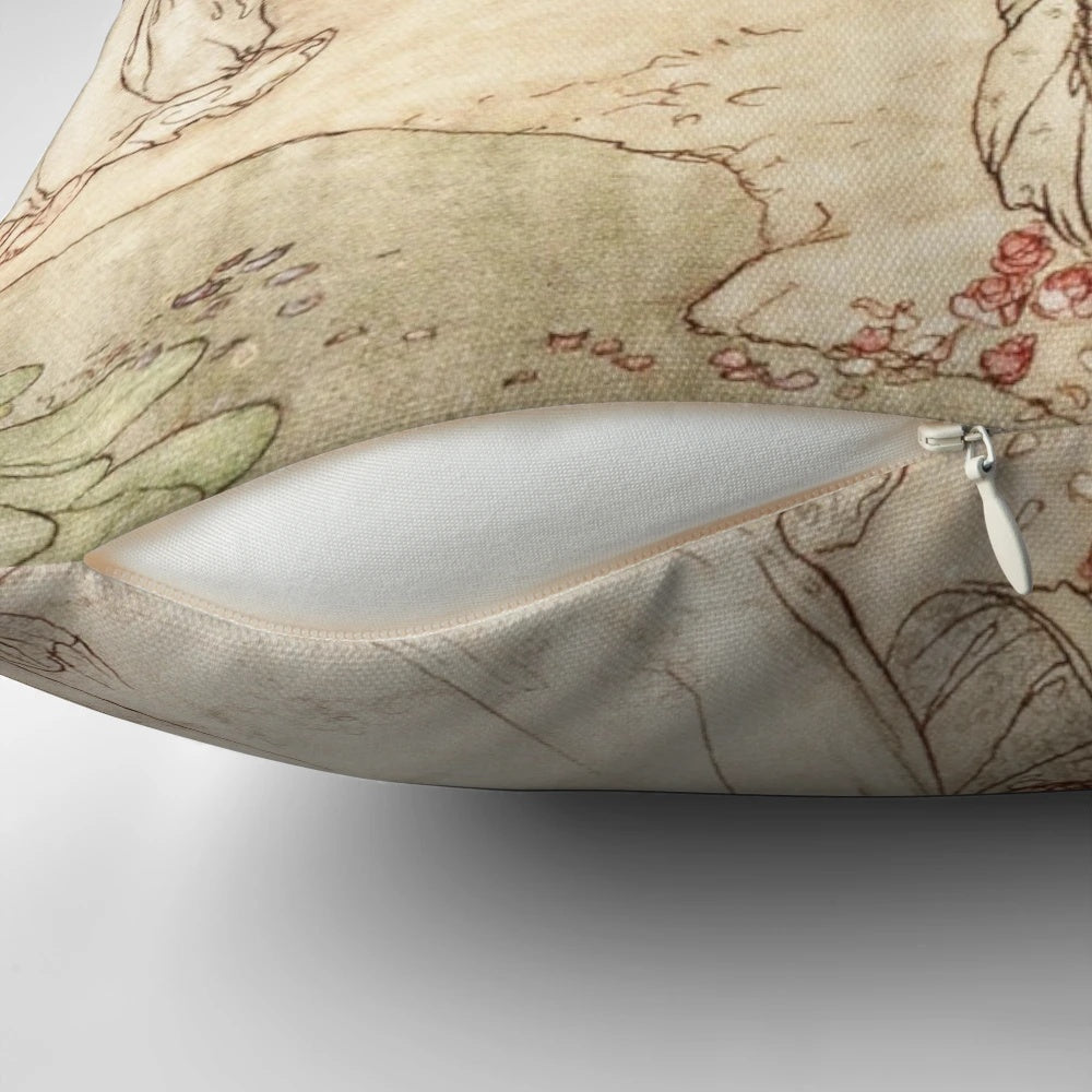 Decorative throw pillow featuring fairy tale illustration by Arthur Rackham