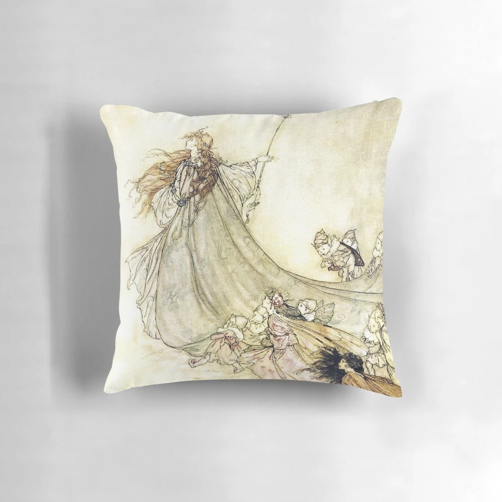 Decorative Arthur Rackham-inspired 'Midsummer Night's Dream' fairy-themed throw pillow