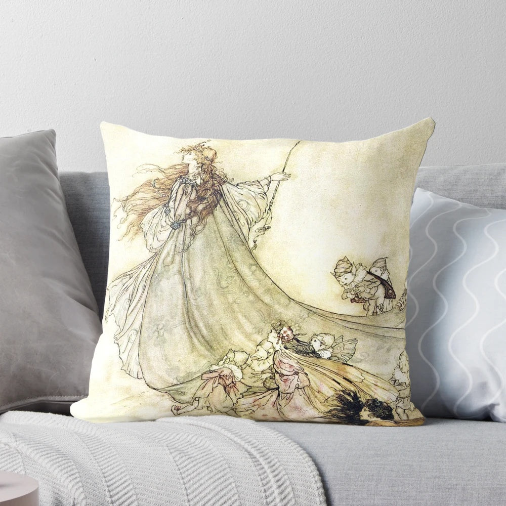 Decorative Arthur Rackham-inspired 'Midsummer Night's Dream' fairy-themed throw pillow