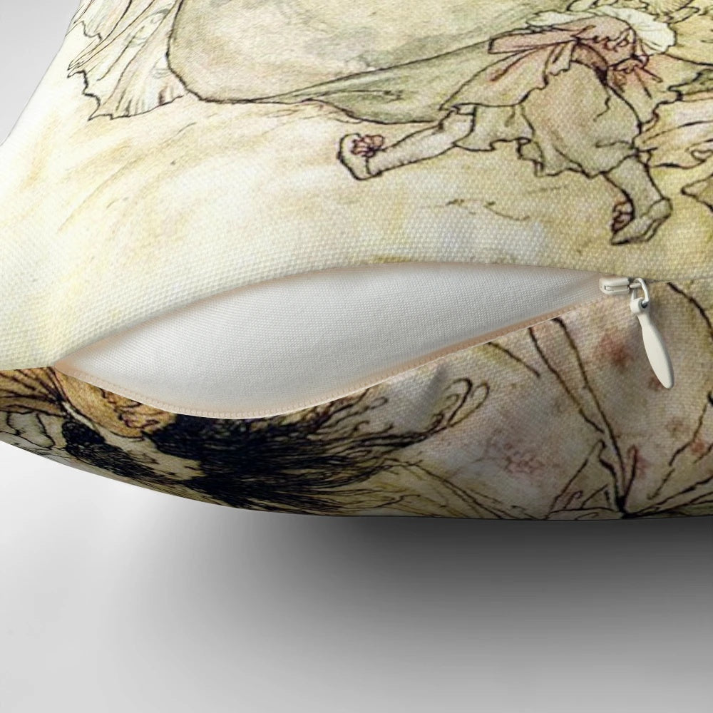 Decorative Arthur Rackham-inspired 'Midsummer Night's Dream' fairy-themed throw pillow