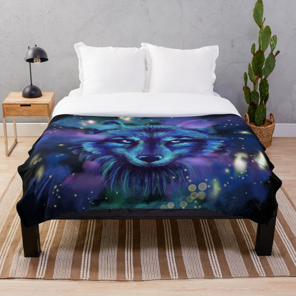 Astral wolf plush blanket featuring a magical blue wolf surrounded by a starry night sky