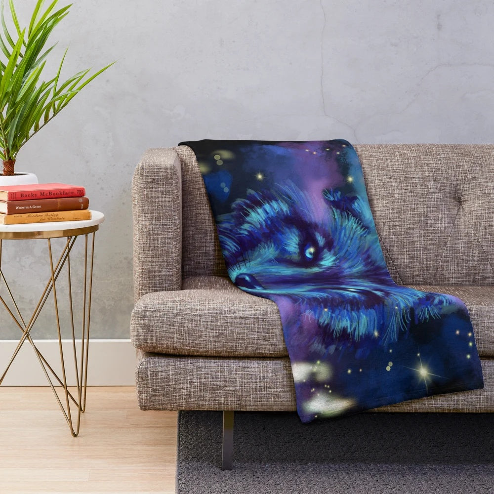 Astral wolf plush blanket featuring a magical blue wolf surrounded by a starry night sky