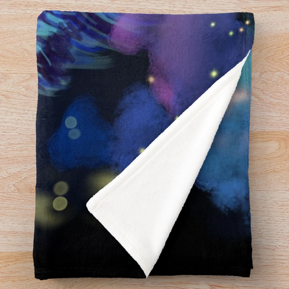 Astral wolf plush blanket featuring a magical blue wolf surrounded by a starry night sky