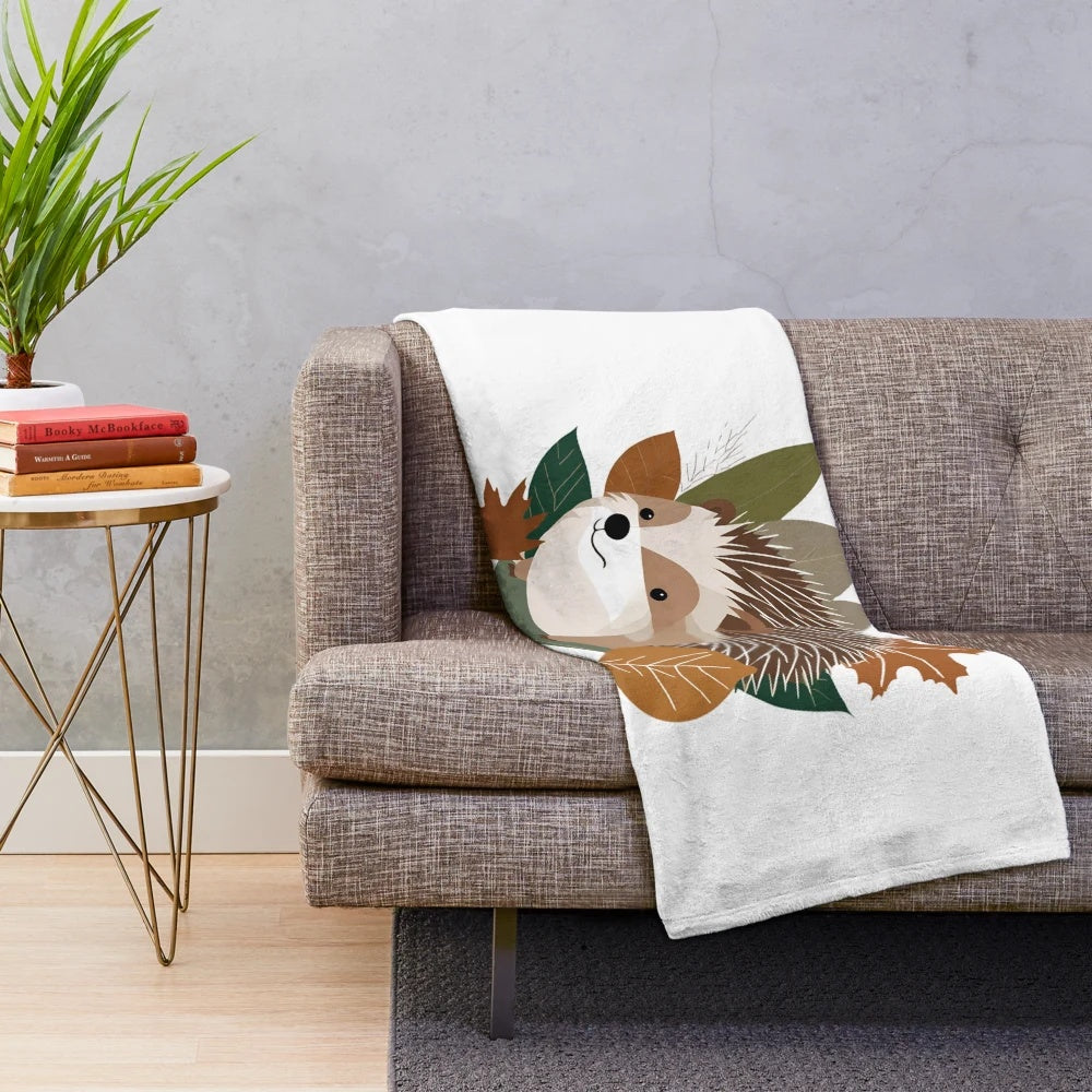 Autumn animal art plush blanket with hedgehog, leaves, and forest design