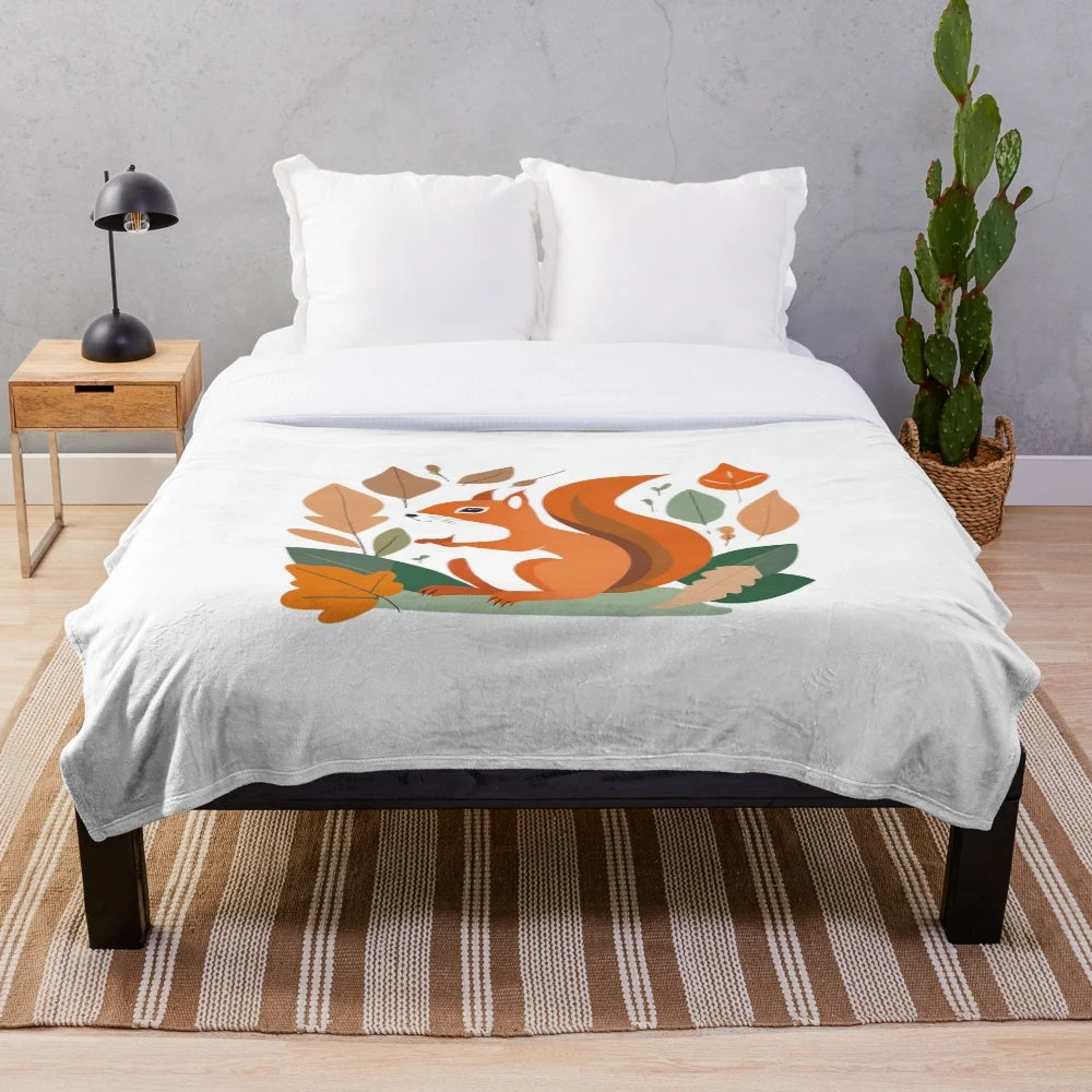 Autumnal wildlife-themed plush blanket with squirrel, leaves, and watercolor art