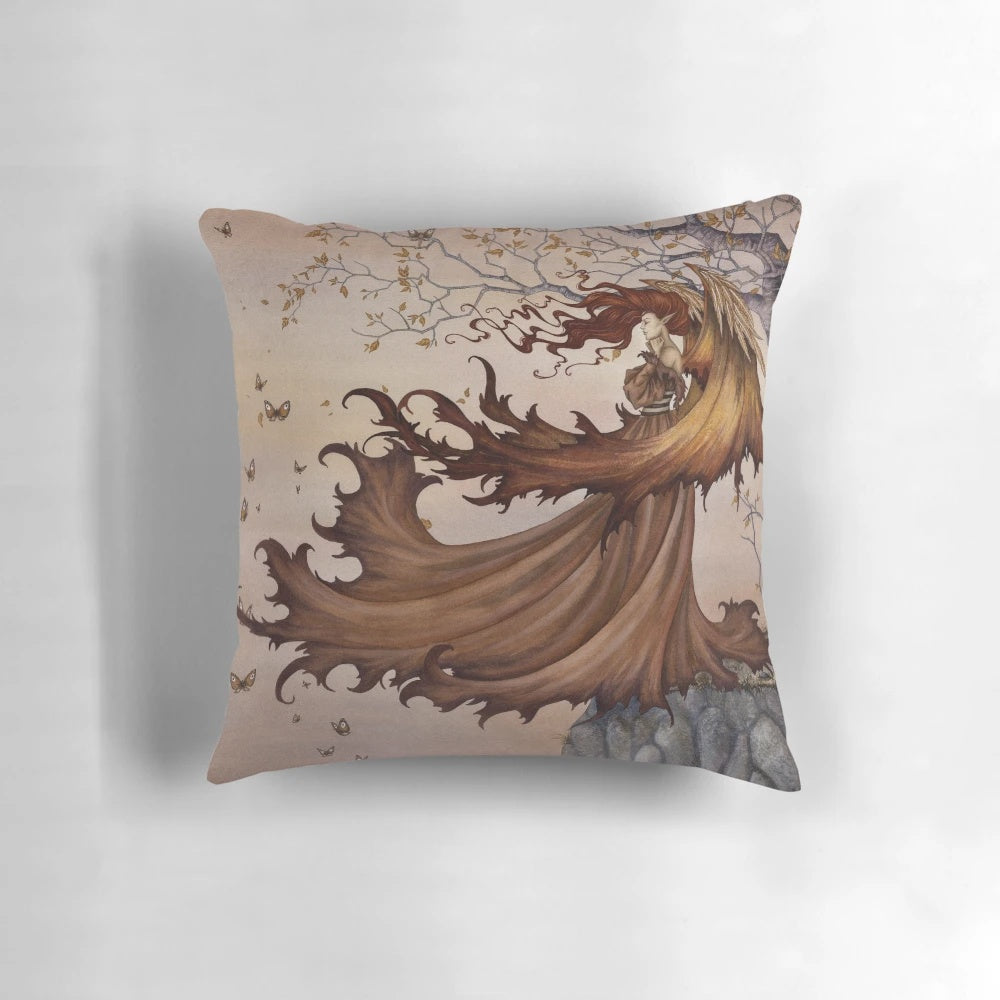 Decorative autumn fairy pillow with butterflies designed by artist Amy Brown