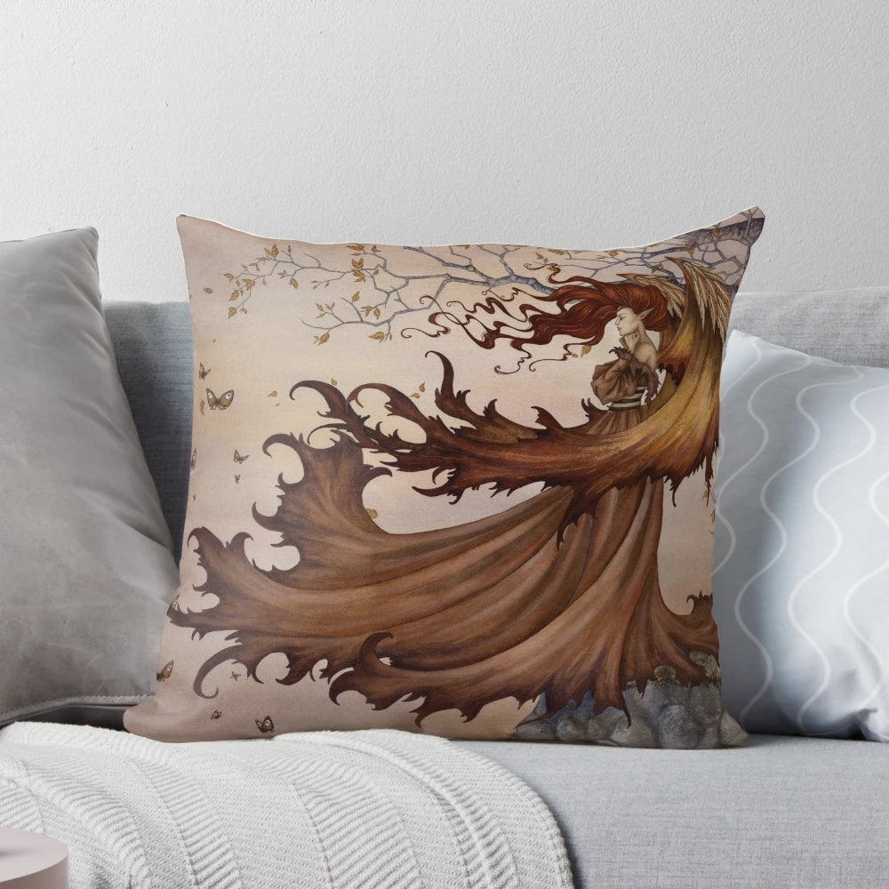 Decorative autumn fairy pillow with butterflies designed by artist Amy Brown