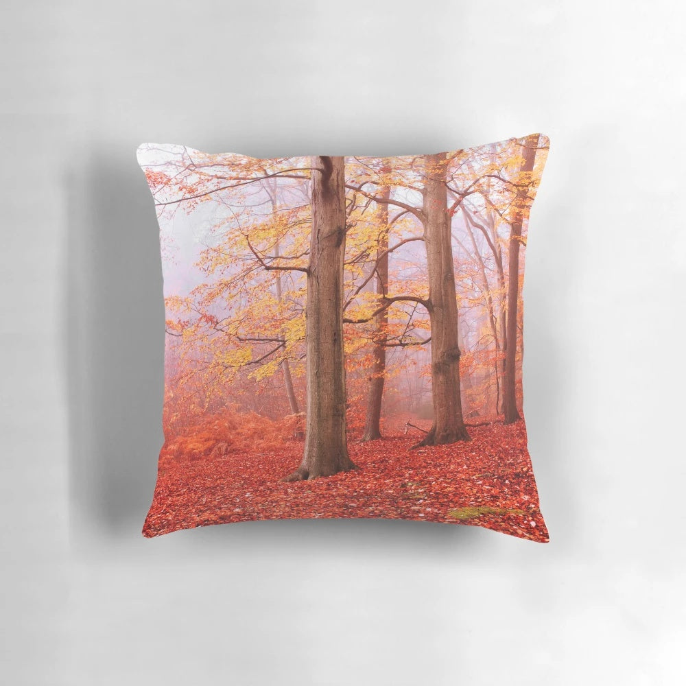 Cozy pillow featuring an autumnal landscape of Burnham Beeches forest during November