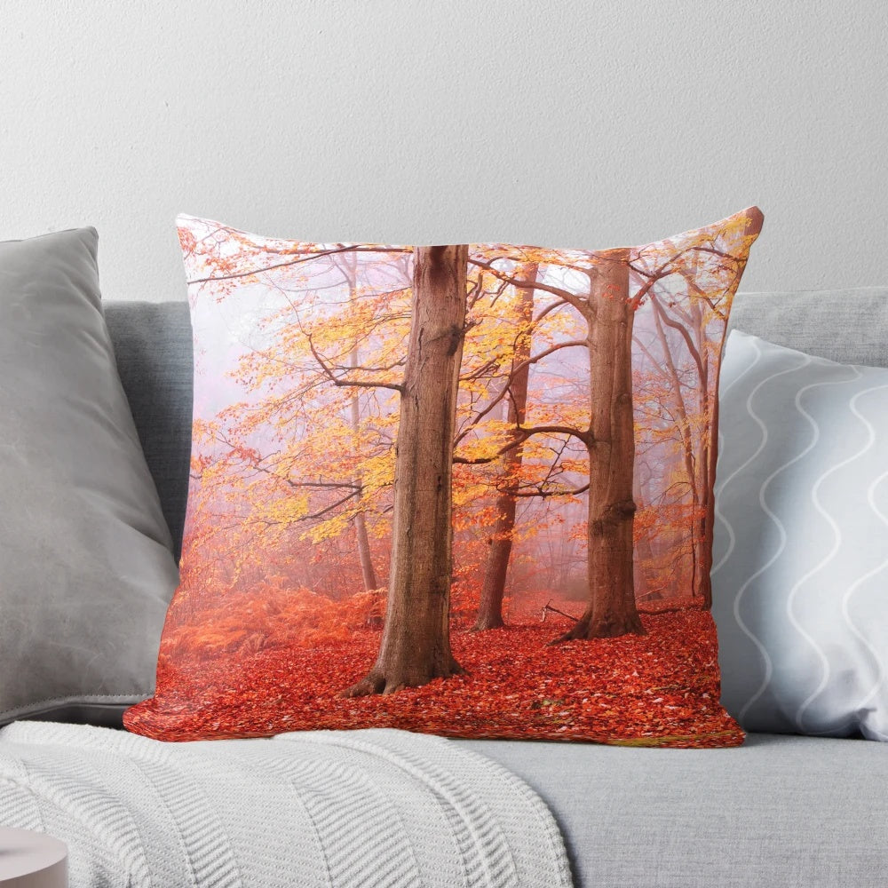 Cozy pillow featuring an autumnal landscape of Burnham Beeches forest during November
