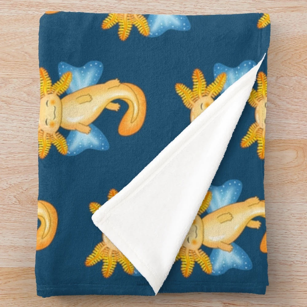 Magical flying axolotl plush blanket in pastel colors