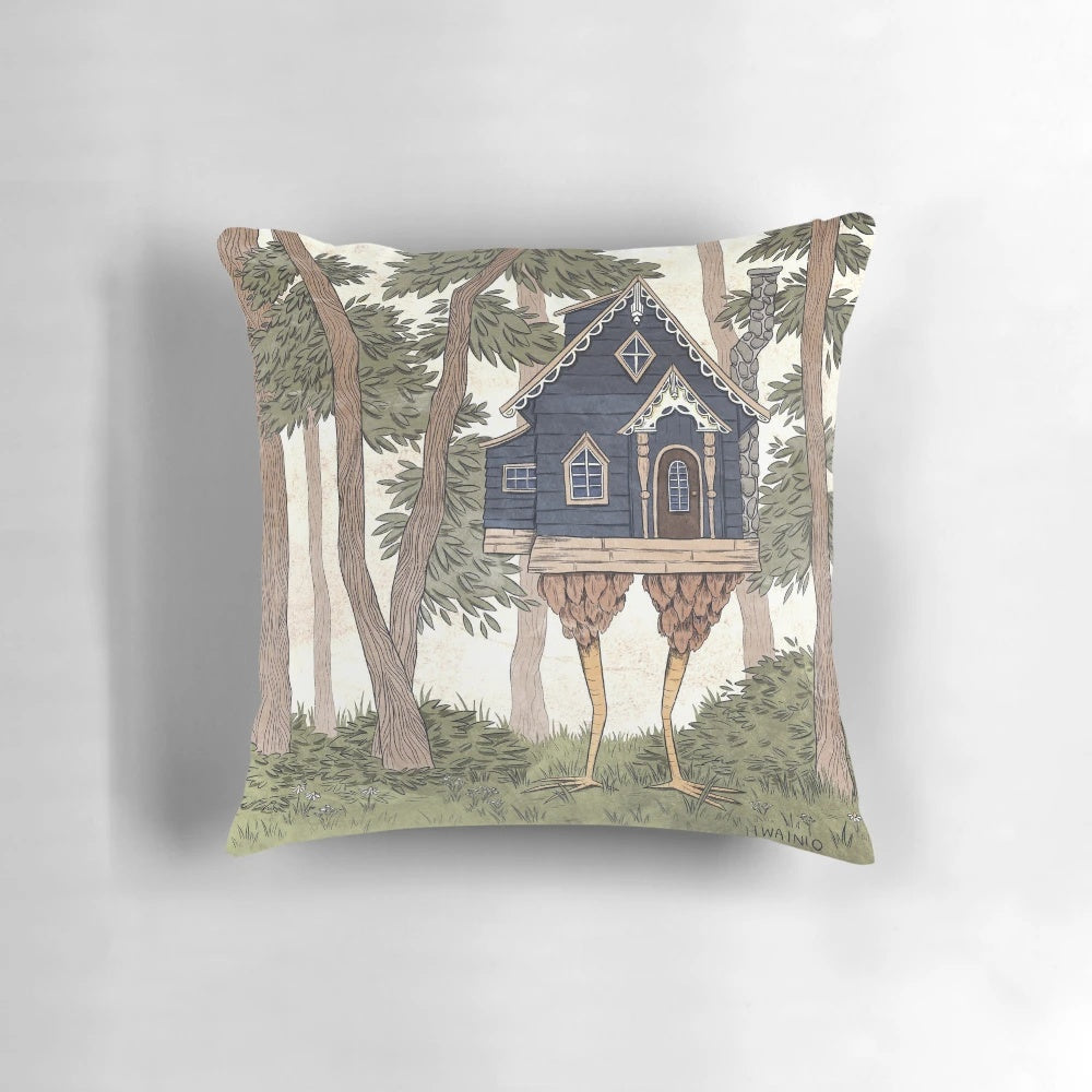 Whimsical, hand-illustrated pillow featuring Baba Yaga's cottage from Russian folklore, perfect for cozy autumn home decor.