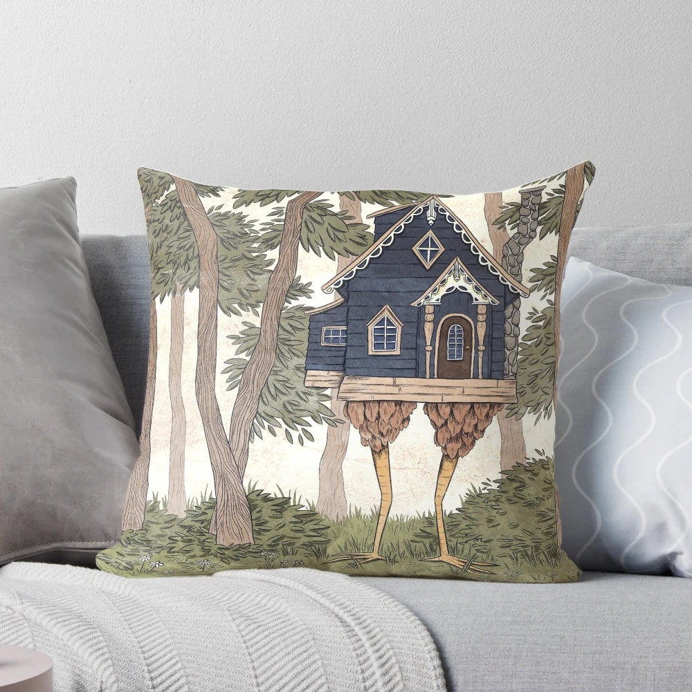 Whimsical, hand-illustrated pillow featuring Baba Yaga's cottage from Russian folklore, perfect for cozy autumn home decor.