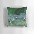 Throw pillow featuring an illustration of badgers among a field of blue flowers in a forested setting