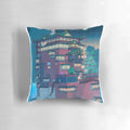 A dreamy, seerlight-inspired pillow depicting a serene Japanese bathhouse scene under a glowing moon.