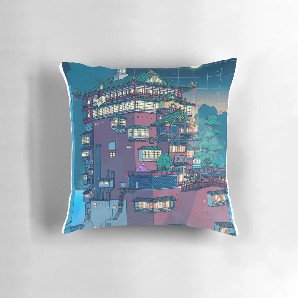 A dreamy, seerlight-inspired pillow depicting a serene Japanese bathhouse scene under a glowing moon.
