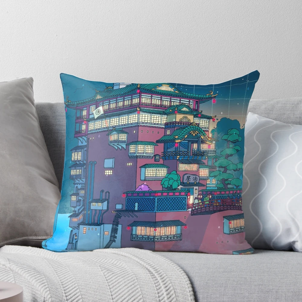 A dreamy, seerlight-inspired pillow depicting a serene Japanese bathhouse scene under a glowing moon.