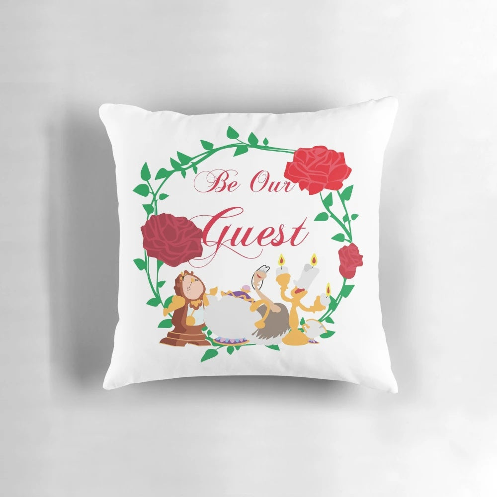 Detailed illustration of Lumiere the candelabra from Beauty and the Beast on a decorative throw pillow