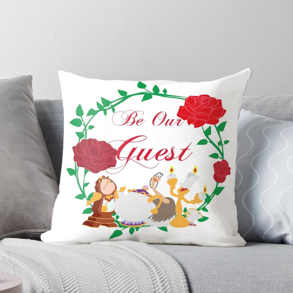 Detailed illustration of Lumiere the candelabra from Beauty and the Beast on a decorative throw pillow