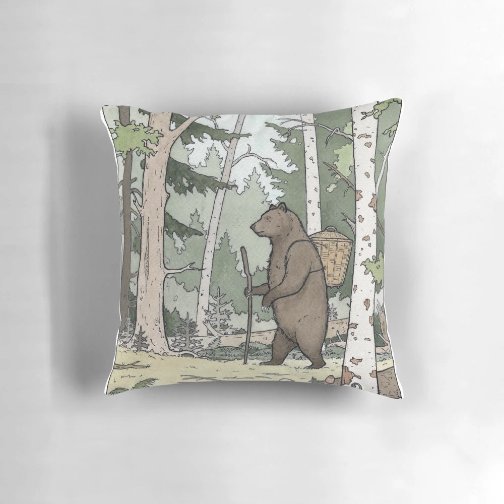 Whimsical throw pillow featuring a bear illustration in a forest setting, inspired by Russian folklore