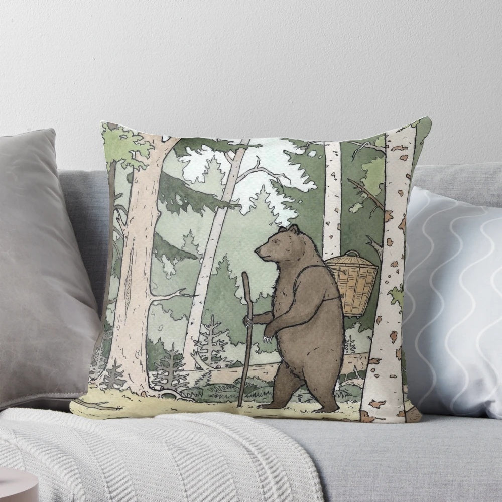 Whimsical throw pillow featuring a bear illustration in a forest setting, inspired by Russian folklore