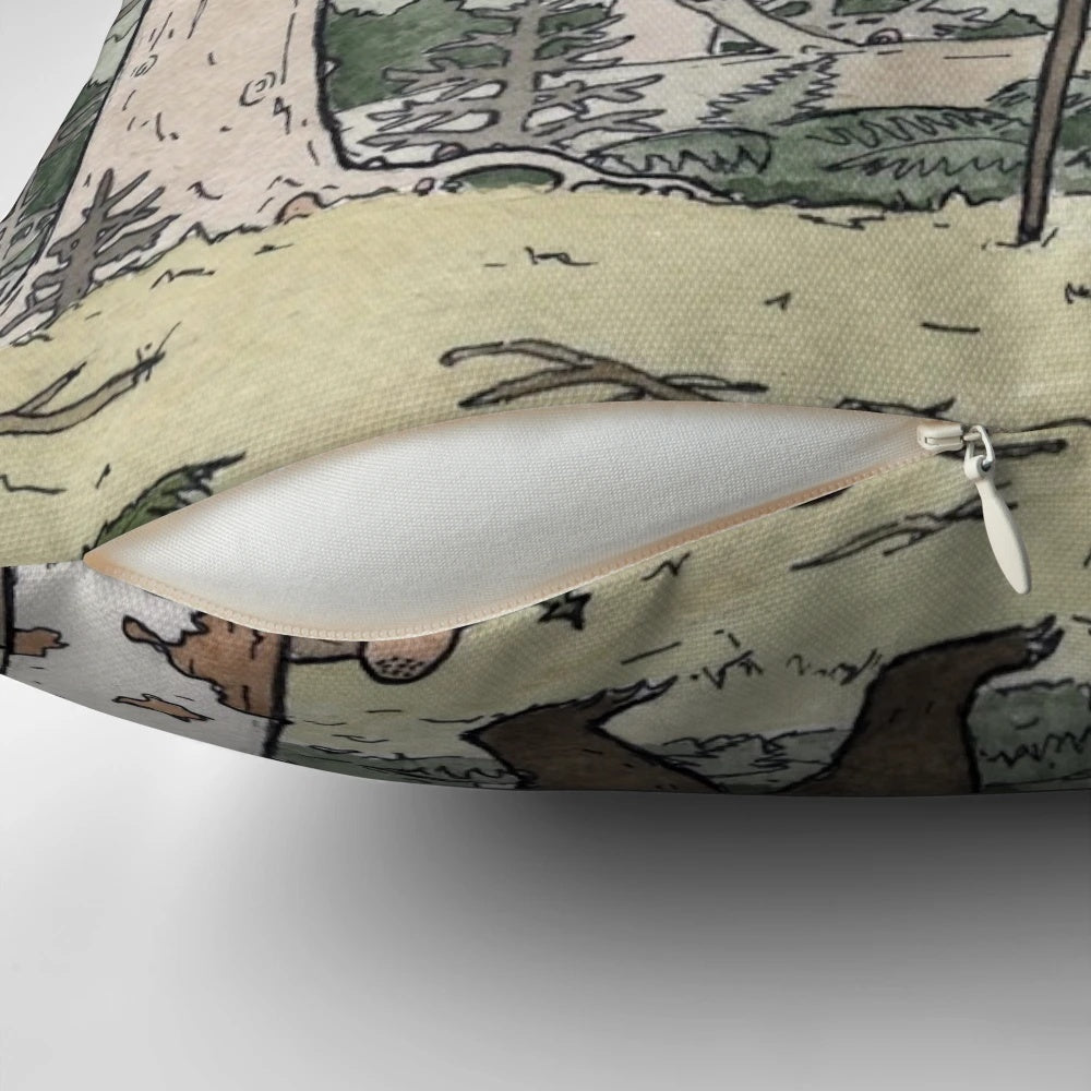 Whimsical throw pillow featuring a bear illustration in a forest setting, inspired by Russian folklore