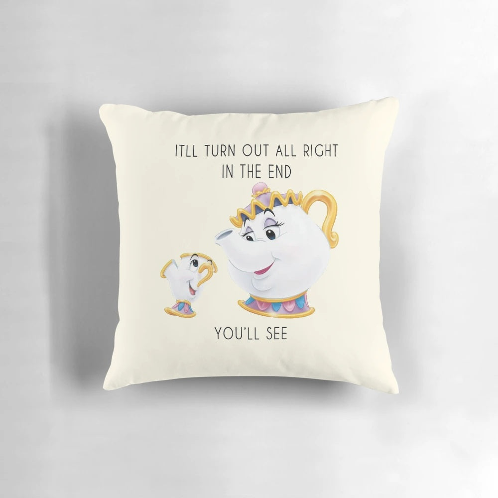 Beauty and the Beast inspired Mrs. Pots quote pillow with Chip, Lumiere, Cogsworth, and other characters