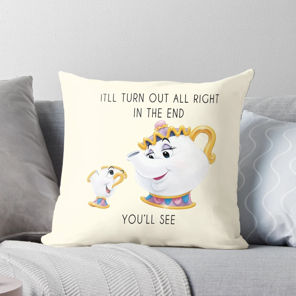 Beauty and the Beast inspired Mrs. Pots quote pillow with Chip, Lumiere, Cogsworth, and other characters